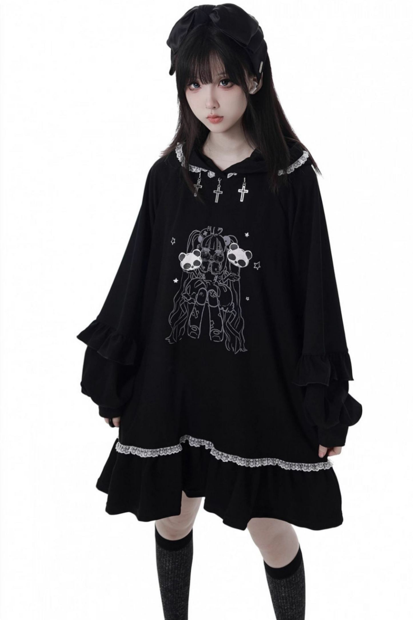 ビッグスイングシャツデザイントップス+フードワンピース+ロングキュロット