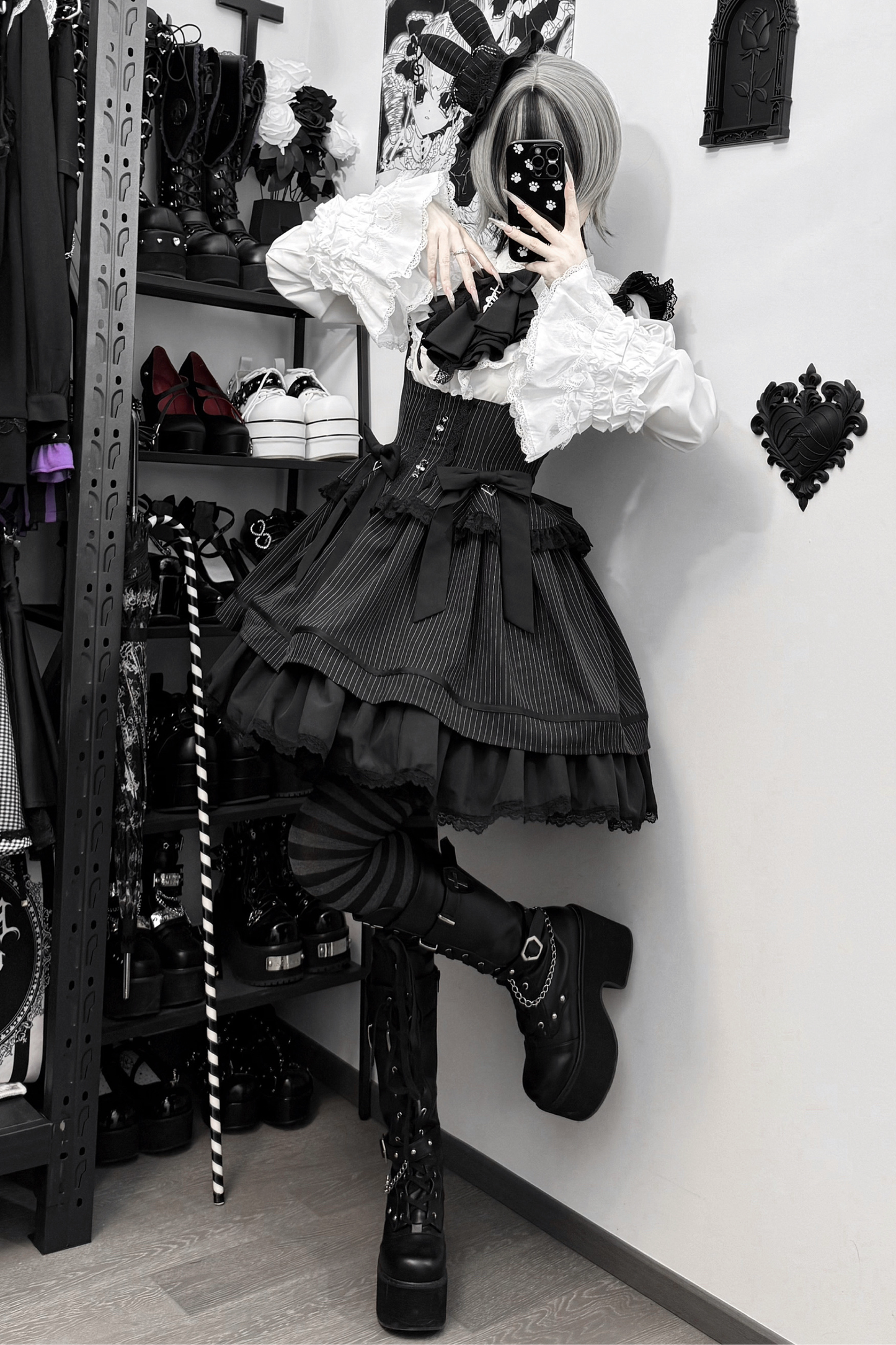 ムーンストライプゴシックジャンパースカート+ウエストリボン+バックリボン