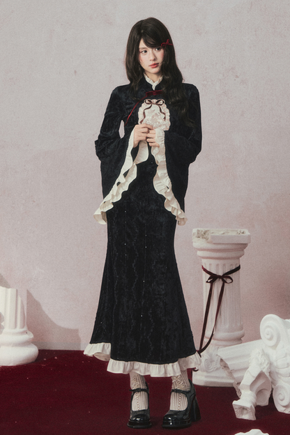 レトロゴージャスブラックベルベットマーメイドテールチャイナドレス+マント