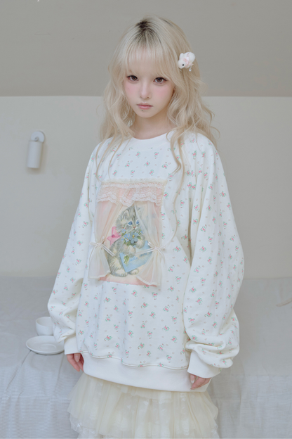 フローラルキャットレースカーテンスウェット