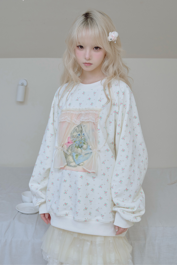 Floral Cat Lace Curtain Sweatshirt