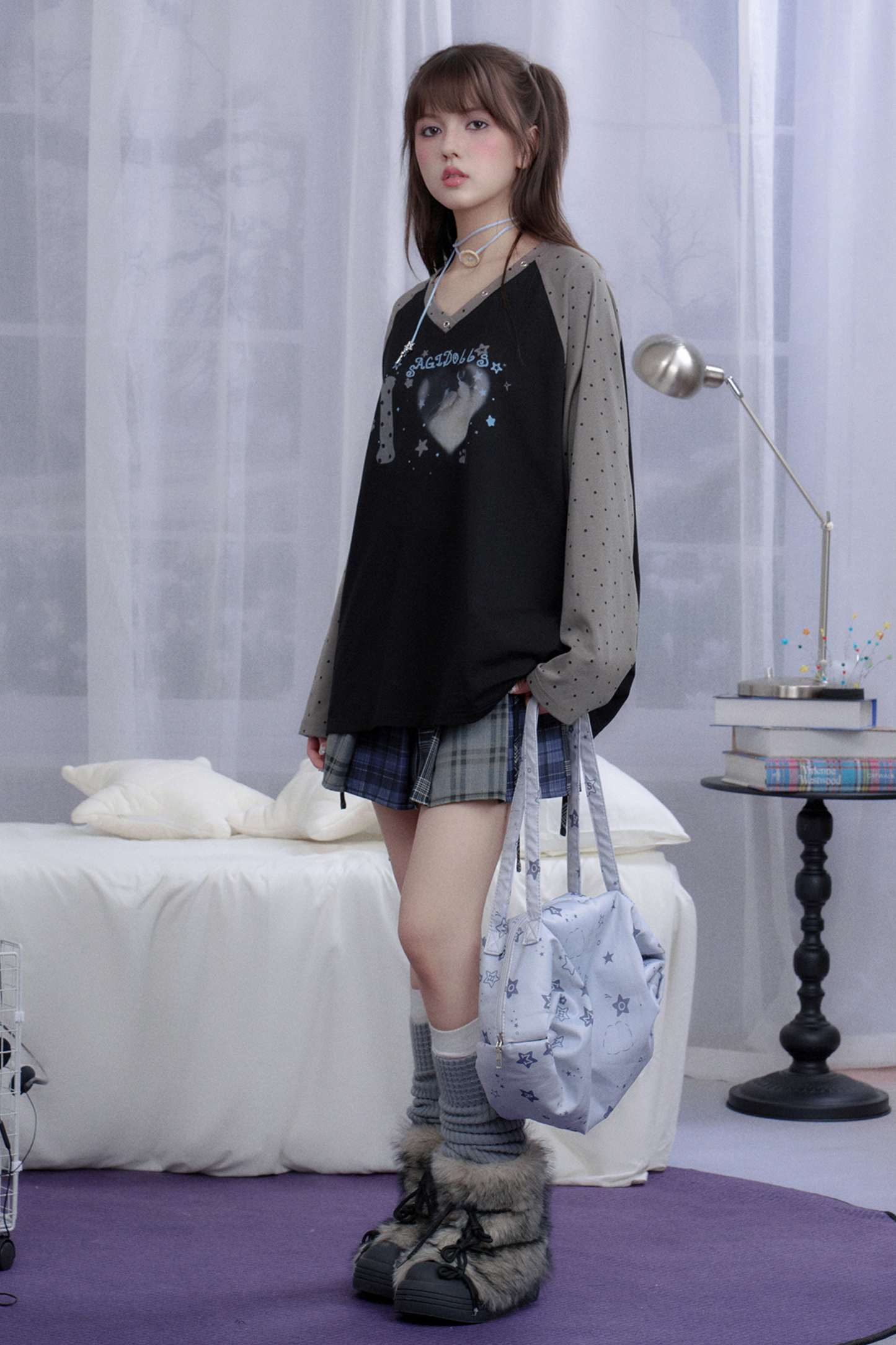 キャットプリントダークラグランロングスリーブトップス