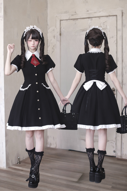 [Précommande jusqu'au 29 avril] Robe Lolita Gothic en dentelle noir x blanc avec cravate rouge Type A/B