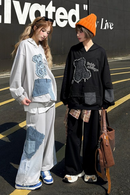 Patchwork Bear Design Loose Hooded Hoodie + Sweatpants