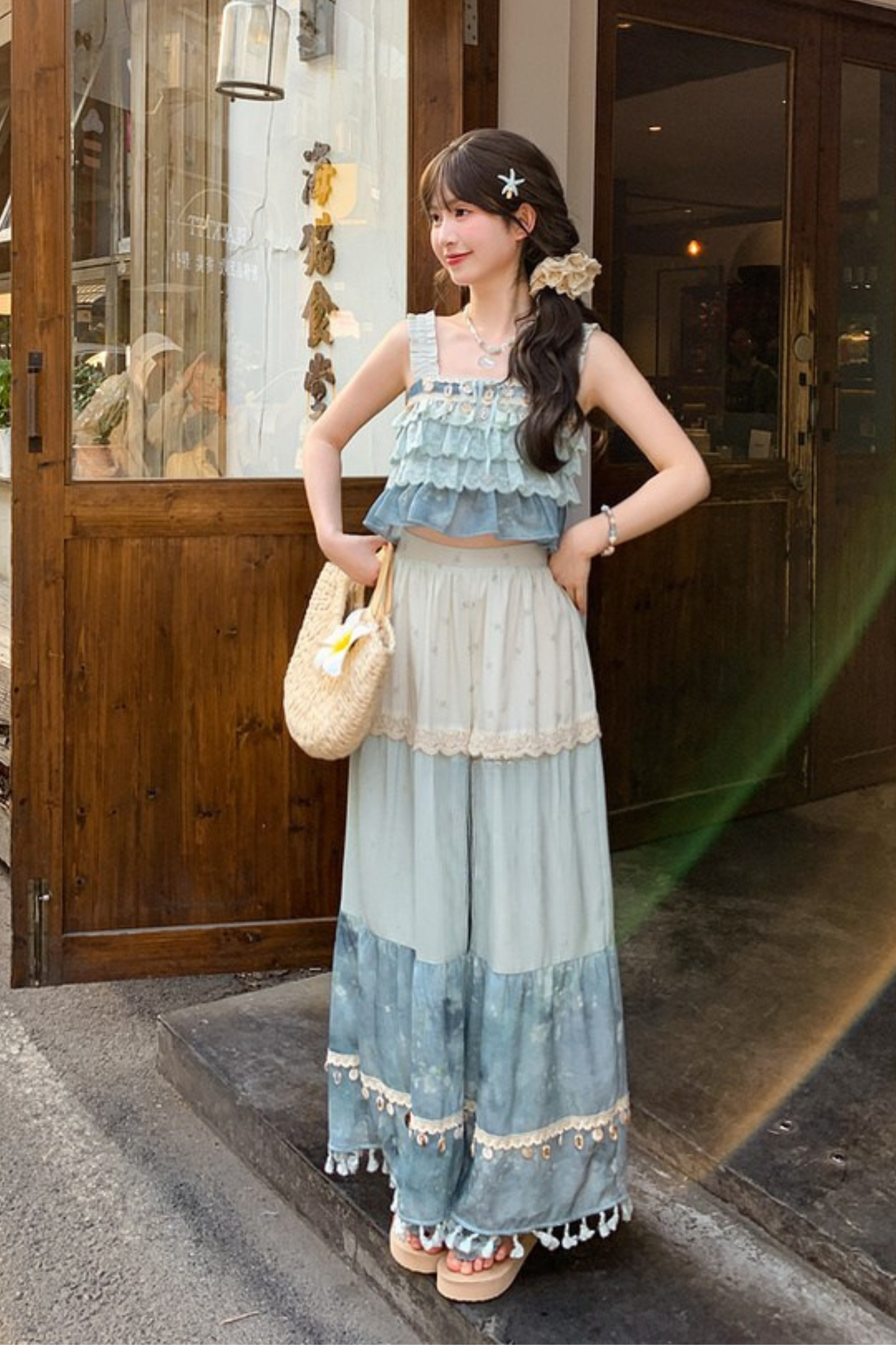 シーブルーデザインワイドパンツ