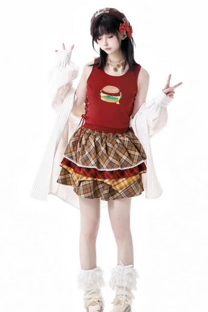 オーバーシャツ＋ノースリーブトップス＋ケーキスカート