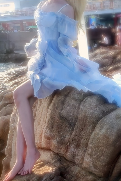 [Pre-order product] Snow Blue Sparkling Series Long Tail Bustier Dress + Back Ribbon