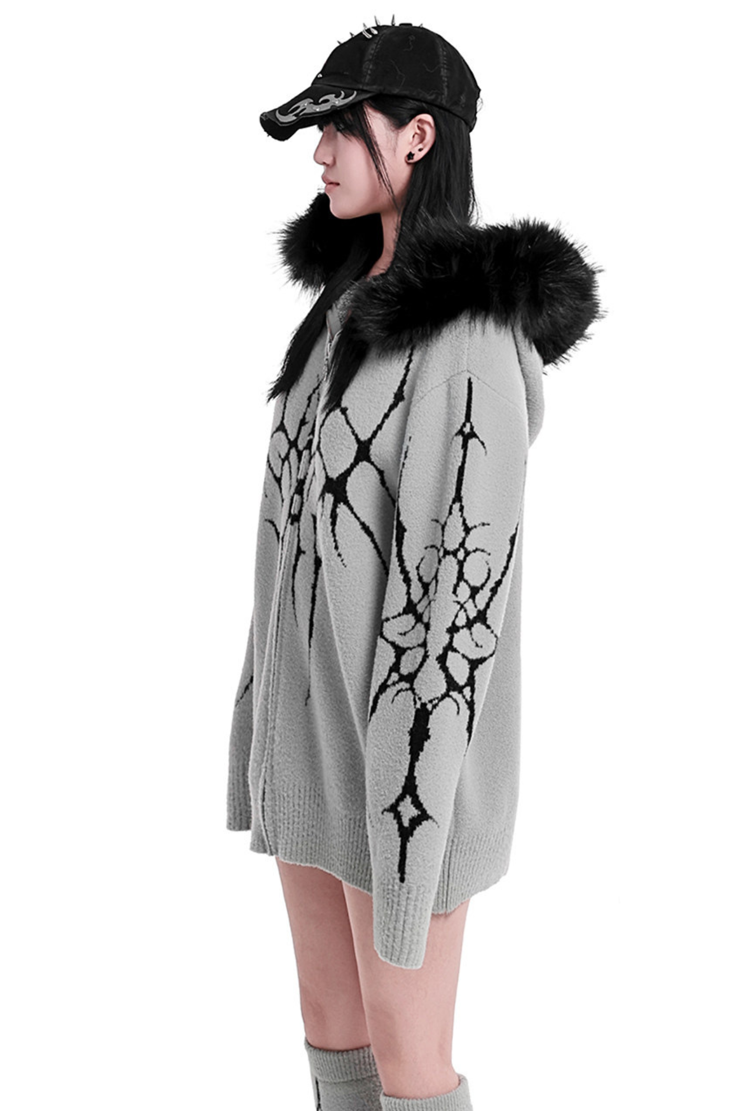 ゴシックファーフードルーズジップカーディガン