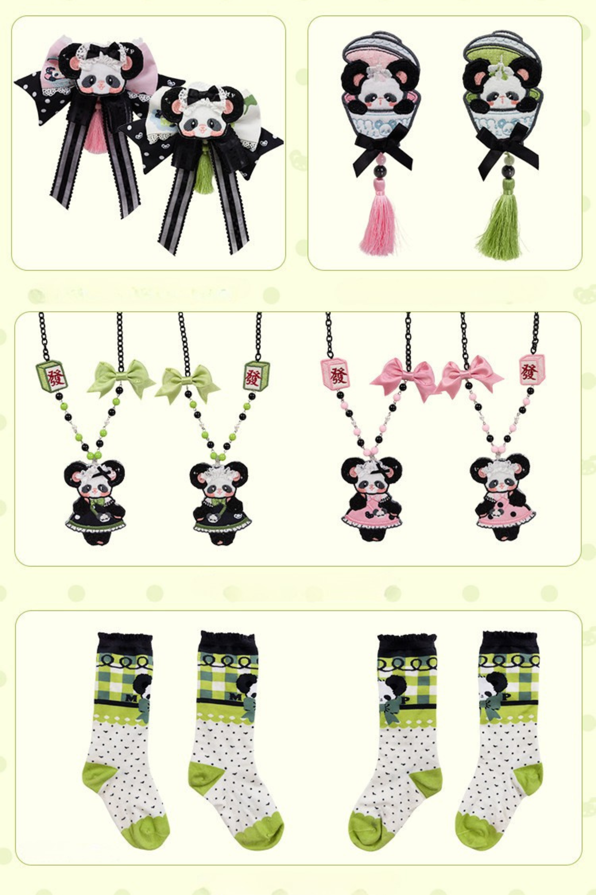 [Reservierungsschluss am 1025] Pink/Grüne Chinoiserie-Lolita-Sweet-Panda-Serie Accessoires (Teetassen-inspirierter Minihut, Pandaohren-Haube, Pandaohren-KC, Pandaohren-Barett, Haarclip, Halskette, Handtasche, Quastenbrosche, Socken)