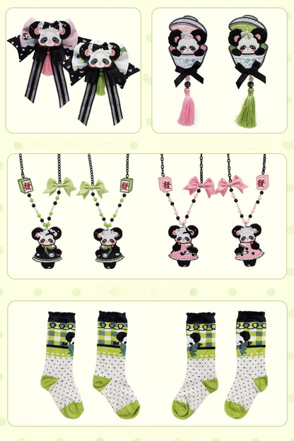 [Reservierungsschluss am 1025] Pink/Grüne Chinoiserie-Lolita-Sweet-Panda-Serie Accessoires (Teetassen-inspirierter Minihut, Pandaohren-Haube, Pandaohren-KC, Pandaohren-Barett, Haarclip, Halskette, Handtasche, Quastenbrosche, Socken)