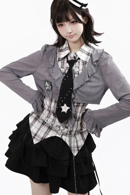Plaid Sleeveless Shirt + Top + Tiered Skirt