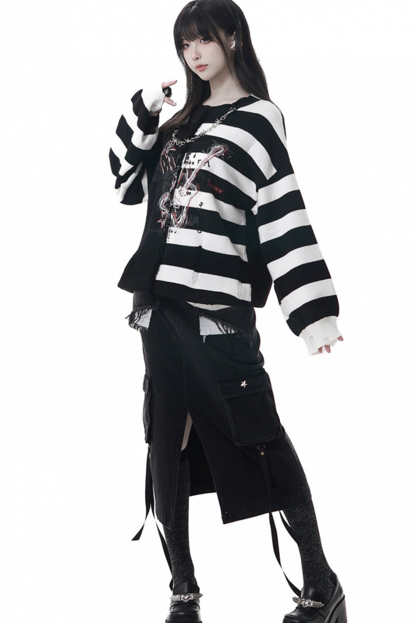 アシメボーダーセーター+デニムスカート