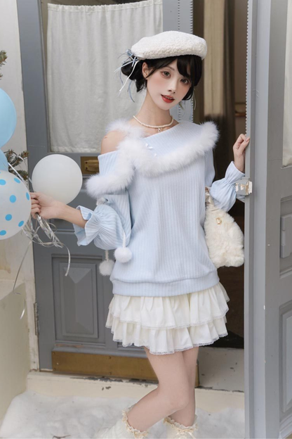 スイートブルーオフショルダーニットトップス