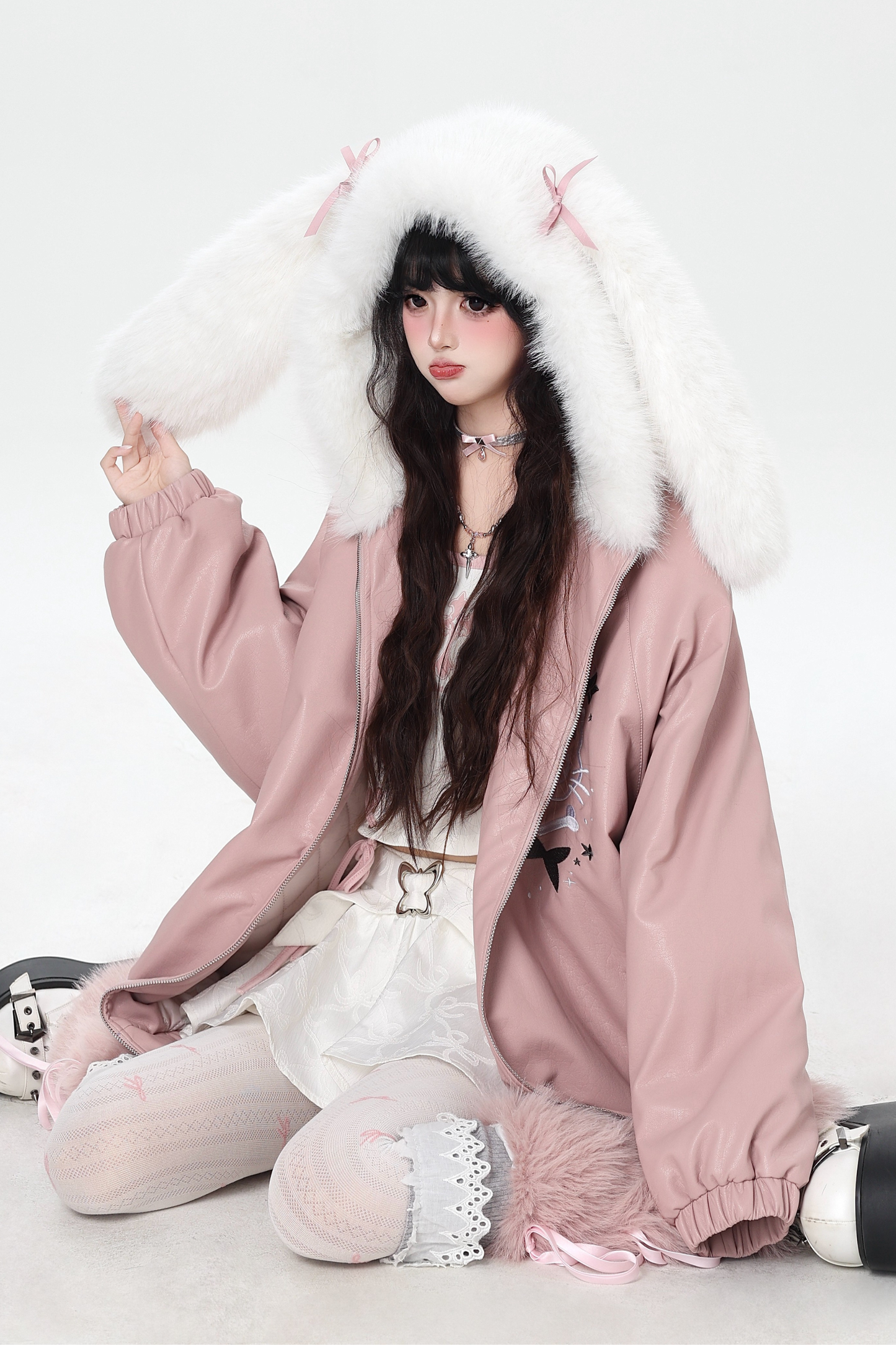 Rabbit Fur Hooded Leather Jacket