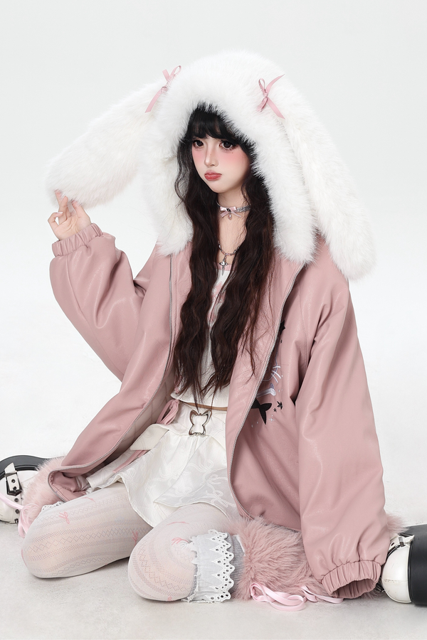 Rabbit Fur Hooded Leather Jacket