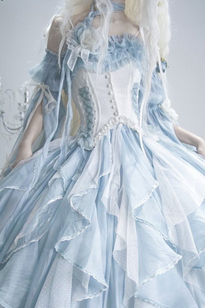 Blue Pink Fishbone Corset Wedding Dress