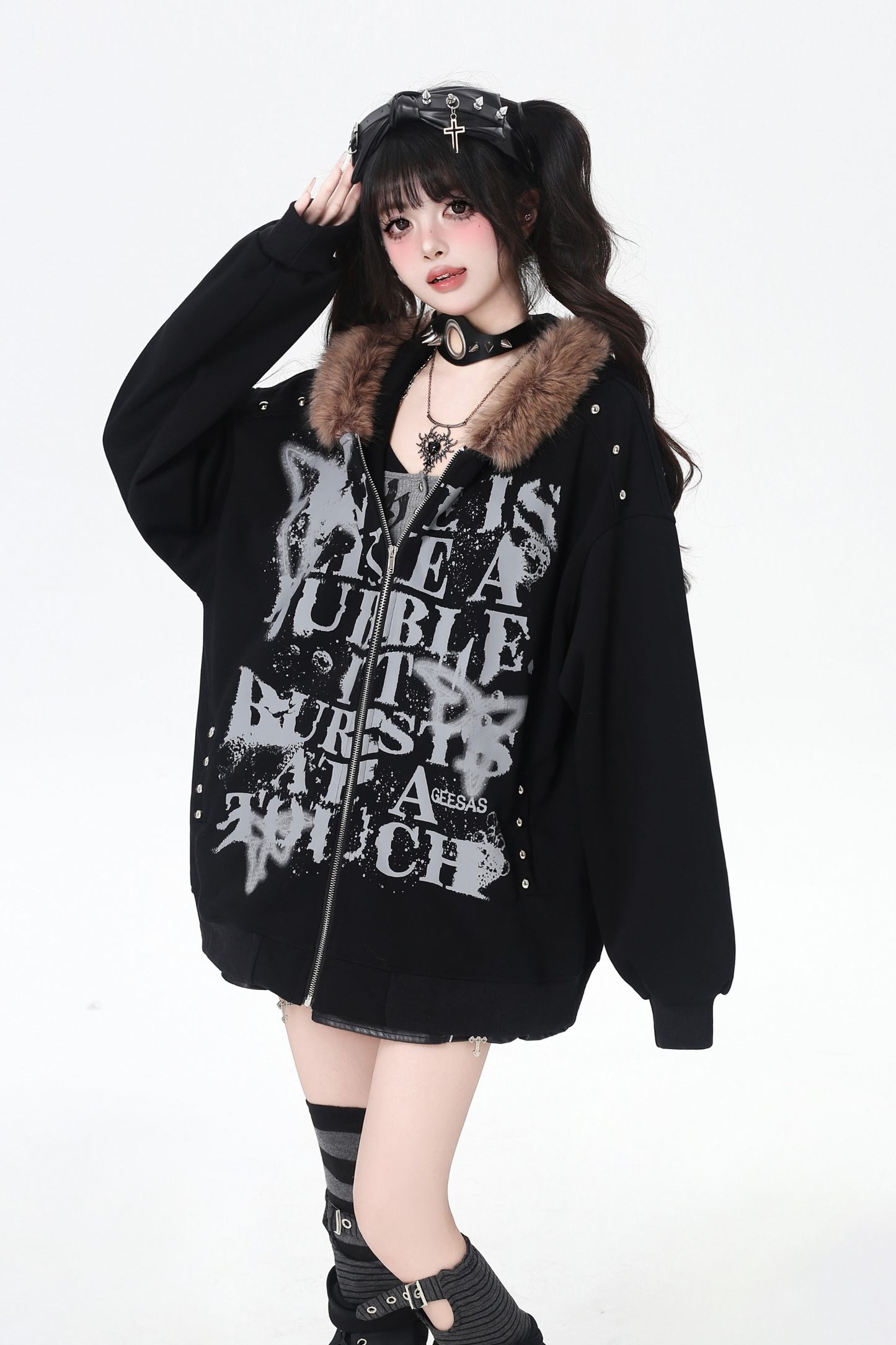 アメリカンレトロレターストリートファーフードパーカー