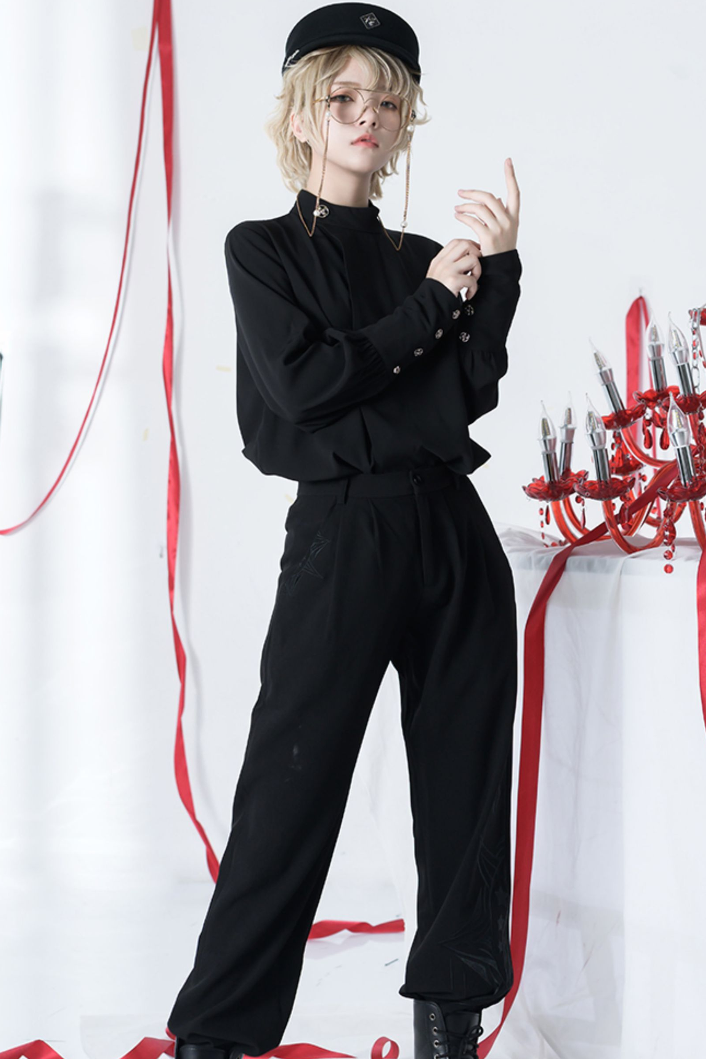 レトロモードスタンドカラーブラウス