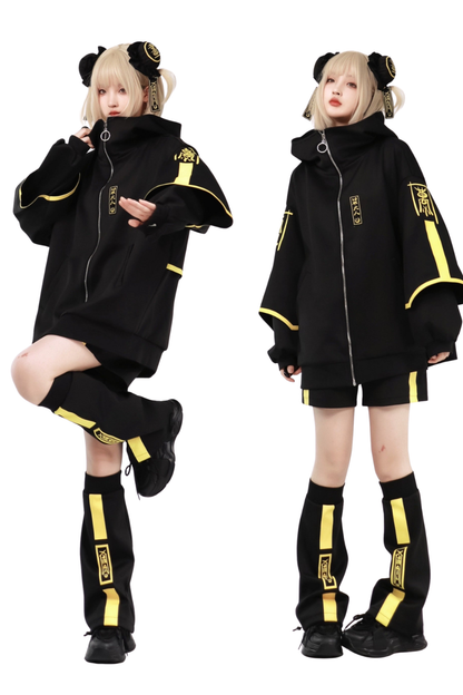 Dark neon china jacket + shorts + long pants + leg warmers + hair accessories [Reserved Item].