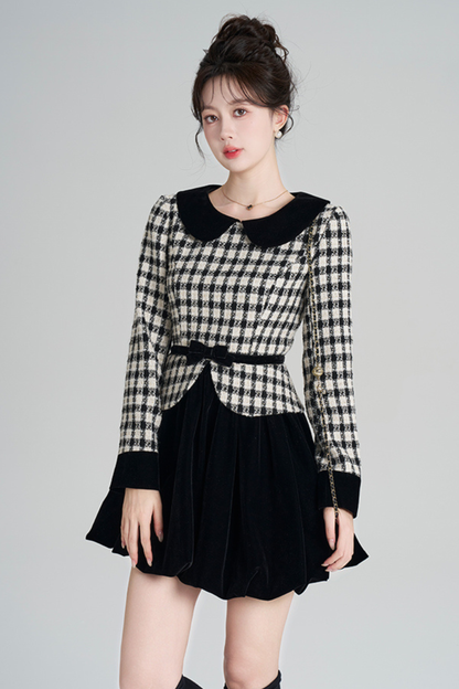 ベルベットモノクロチェックドレス