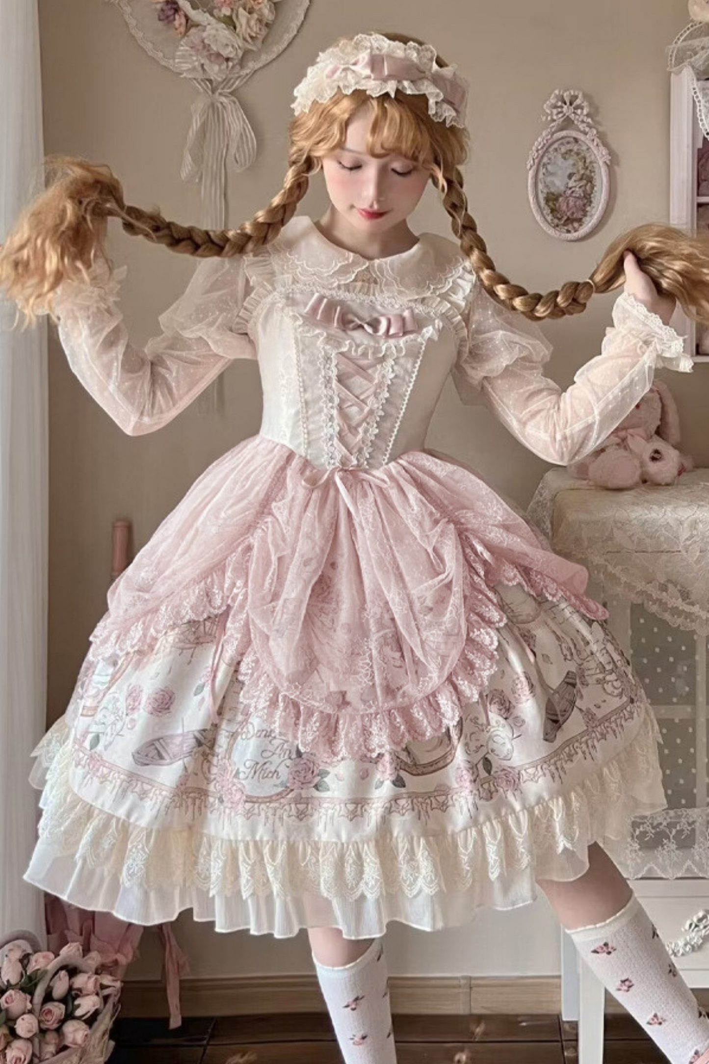 Daily Color Sweet Princess Jumper Skirt + Lace Doll Shirt