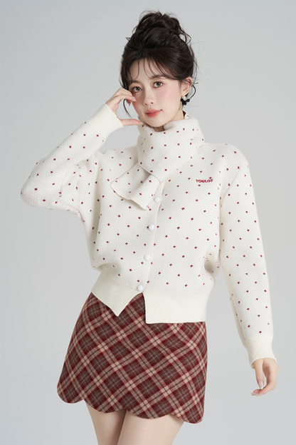 フレンチスタイルドットマフラー付きンカーディガン