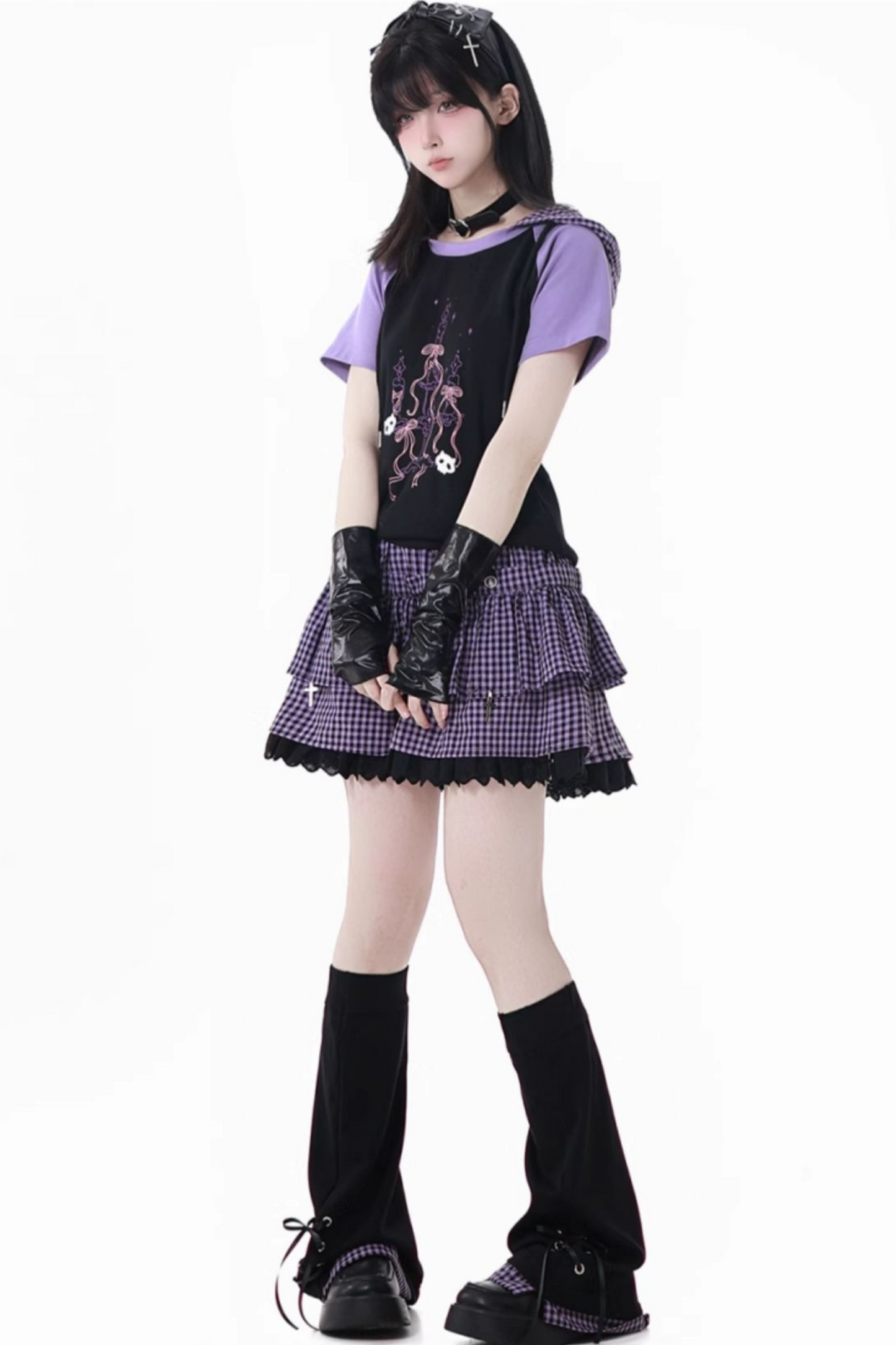 パープルグリッドカラーブロックトップス+フードトップス+パンツ+レッグウォーマー