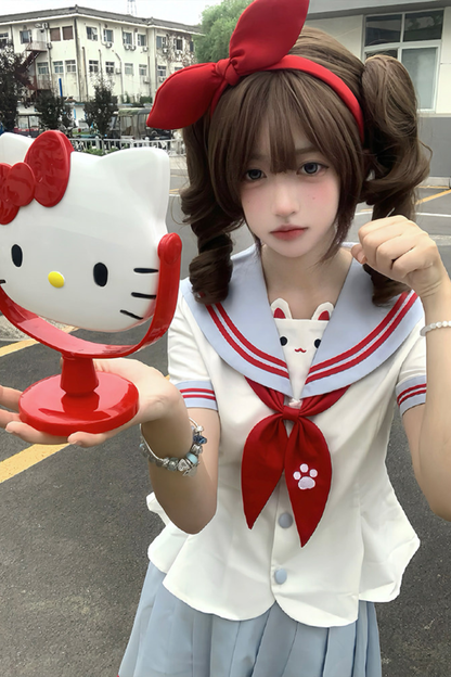 Hauts de marin pour fille anime chat + jupe + ruban