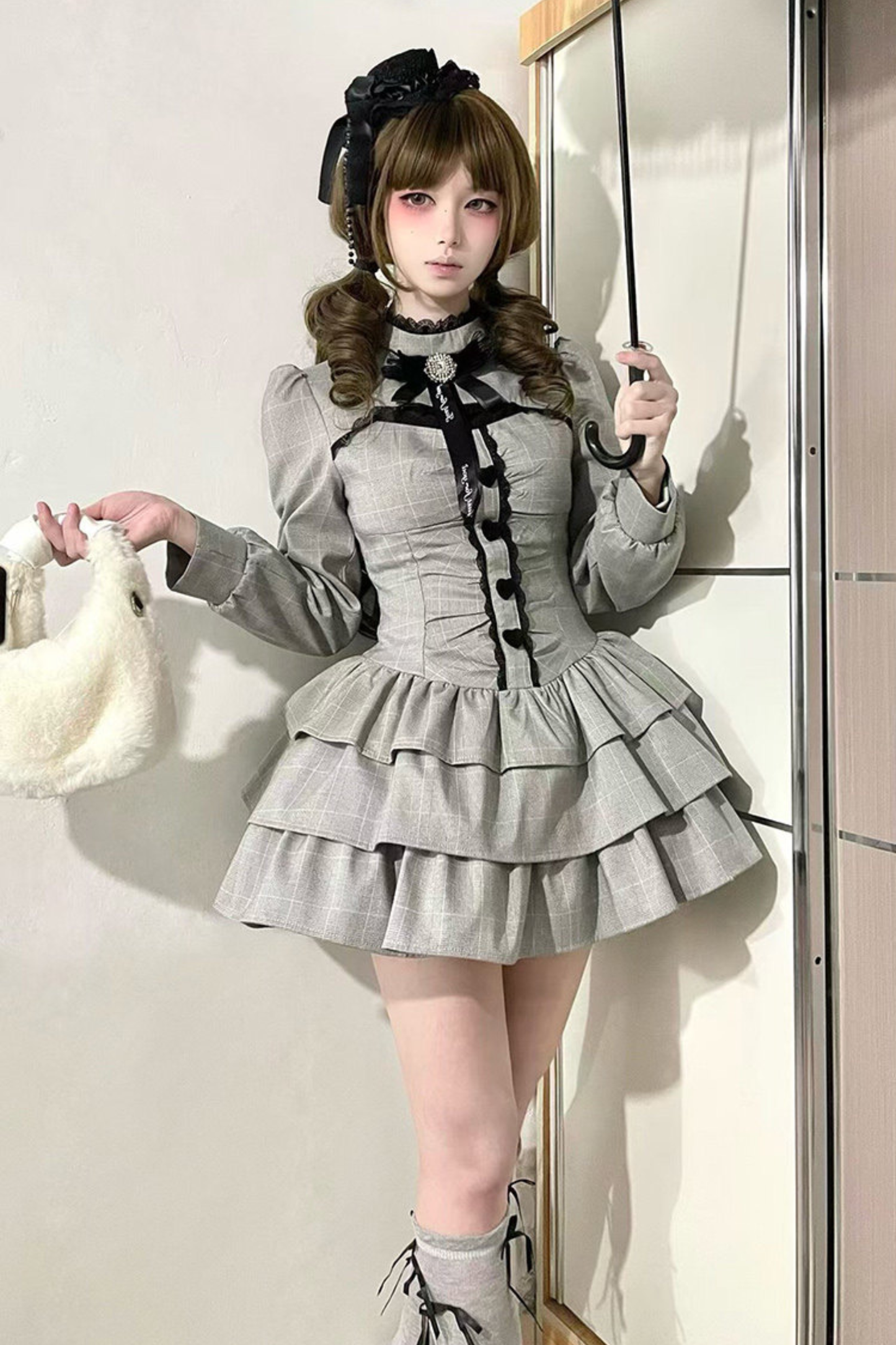 Check High Neck Puff Sleeve Dress