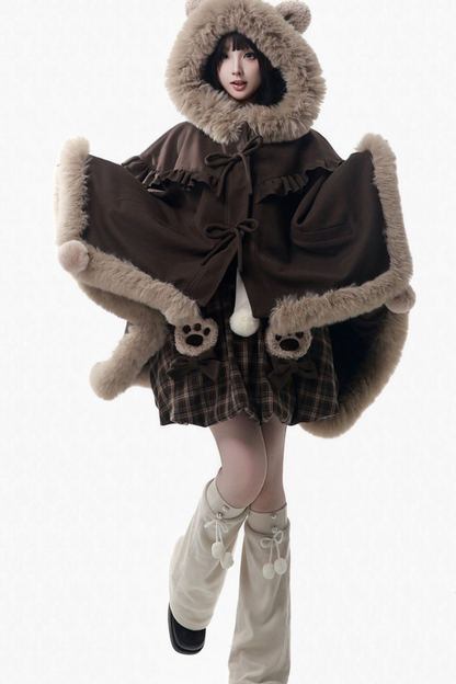 ベルベットベアフードケープ+トップス+サスペンダースカート+レッグカバー