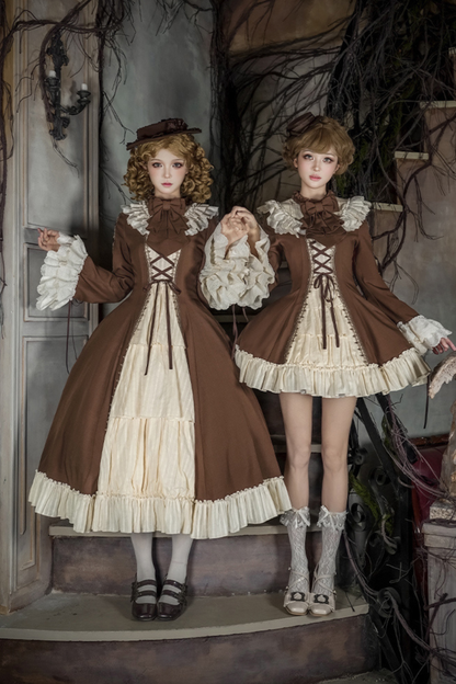 レーススタンドカラーフレアスリーブツインドールロリータドレス+カラー+ハット