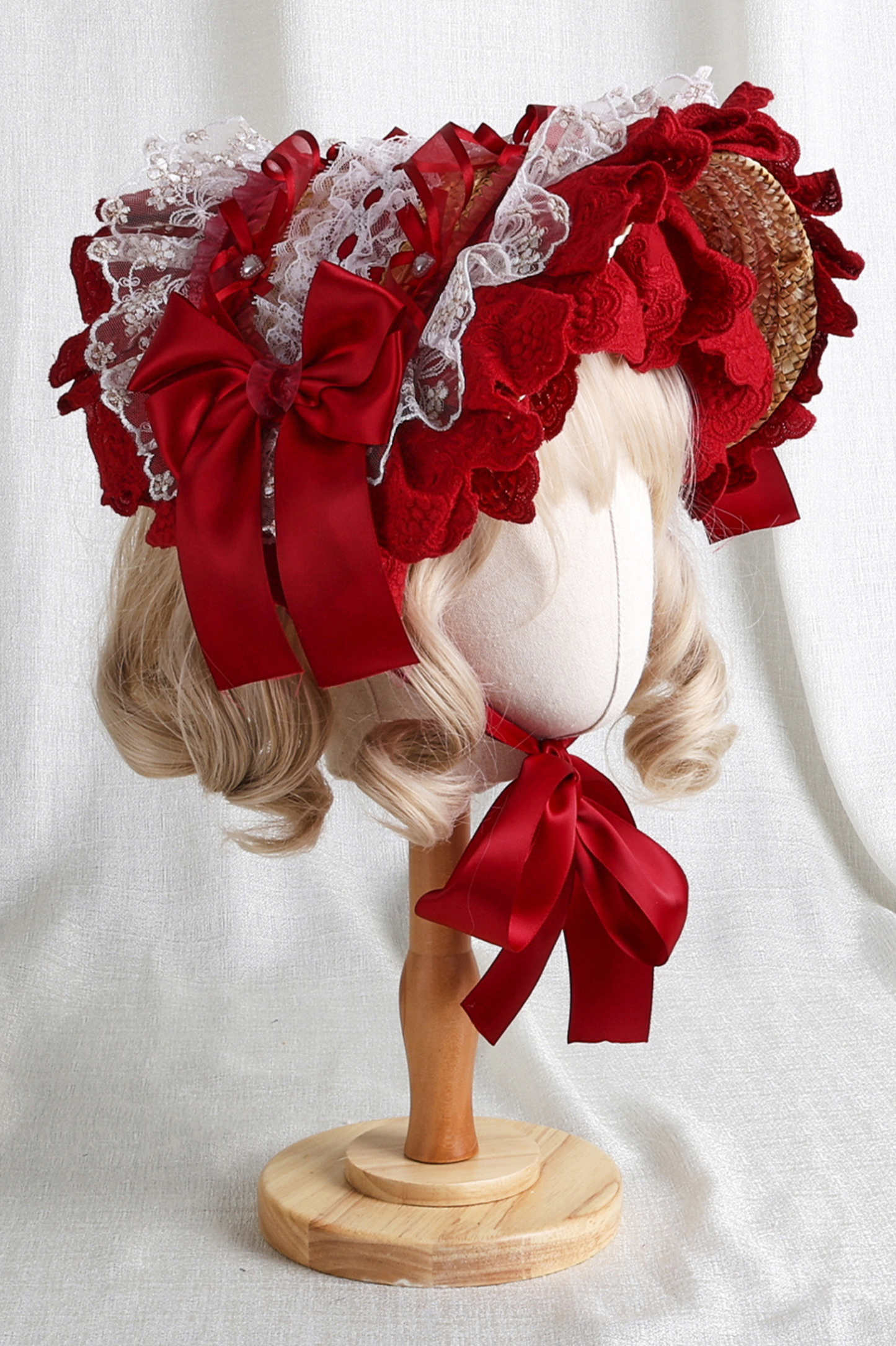 ローズレースロリータボンネット+ハット+ヘアバンド+クリップハット+クラウン