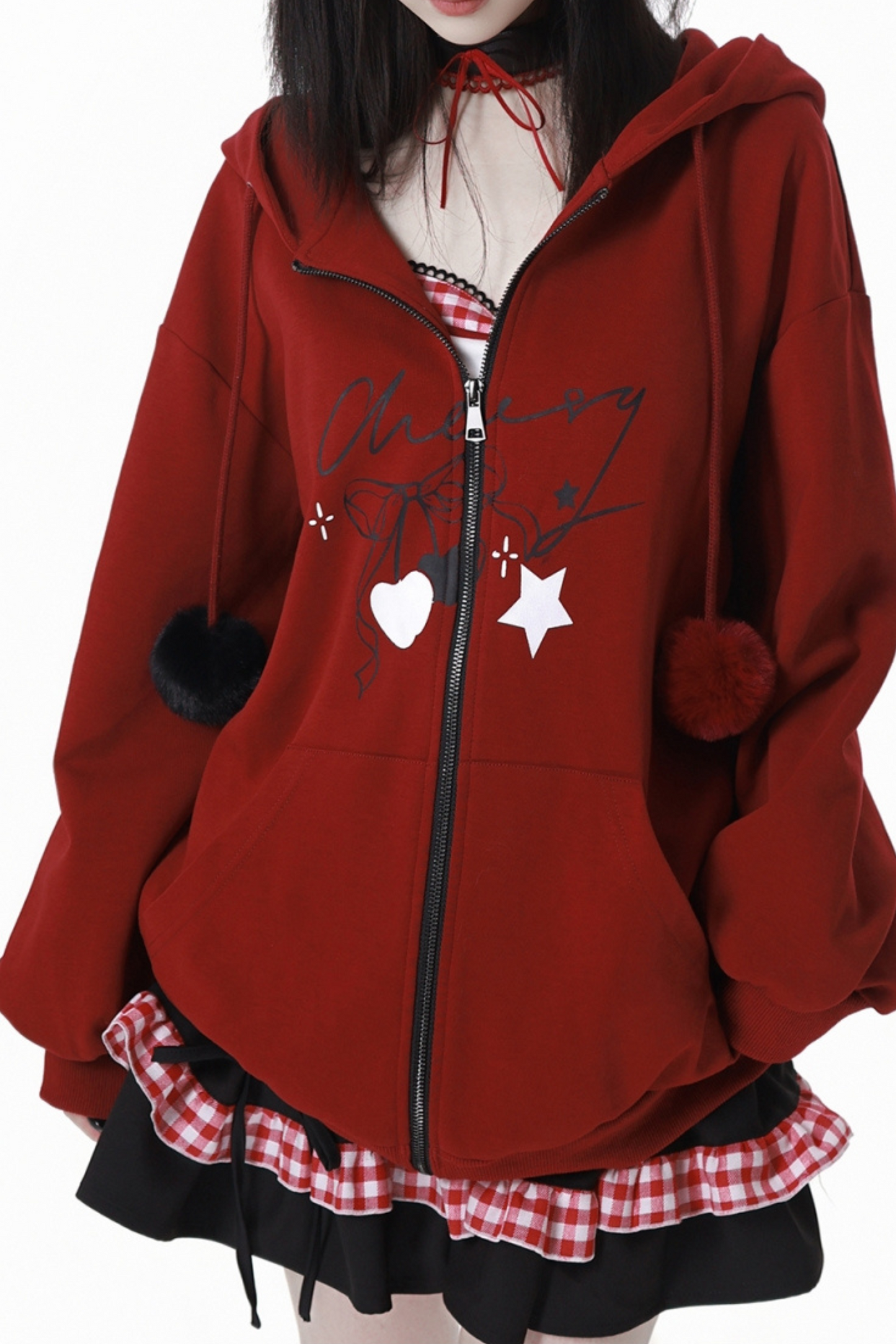 チェリーウィンドフードパーカー+キャミソール+スカート