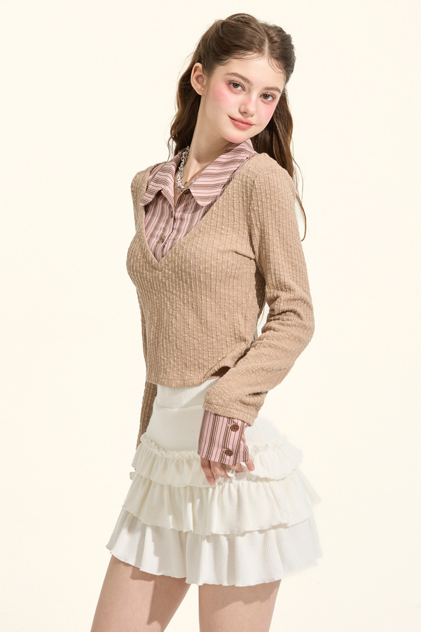 プレッピースタイルストライプカラーフェイクツーピースニット