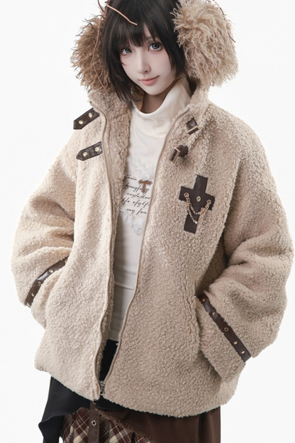 ヘーゼルナッツベルベットウールコート+チェックスカート+トップス+レッグカバー