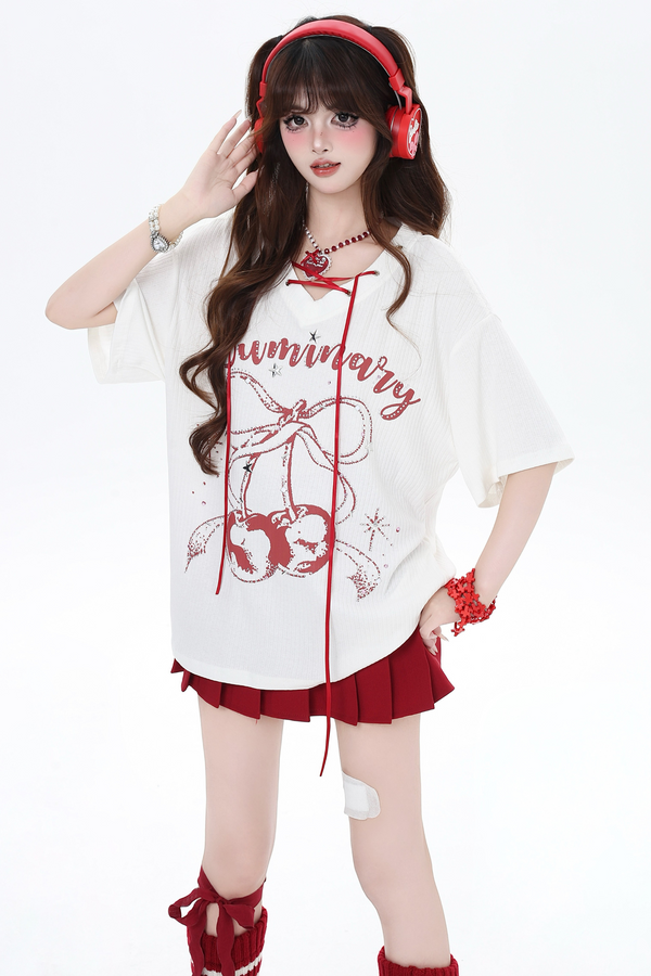 Tropical Cherry Sweet Island V-Neck Cover-Up T-Shirt