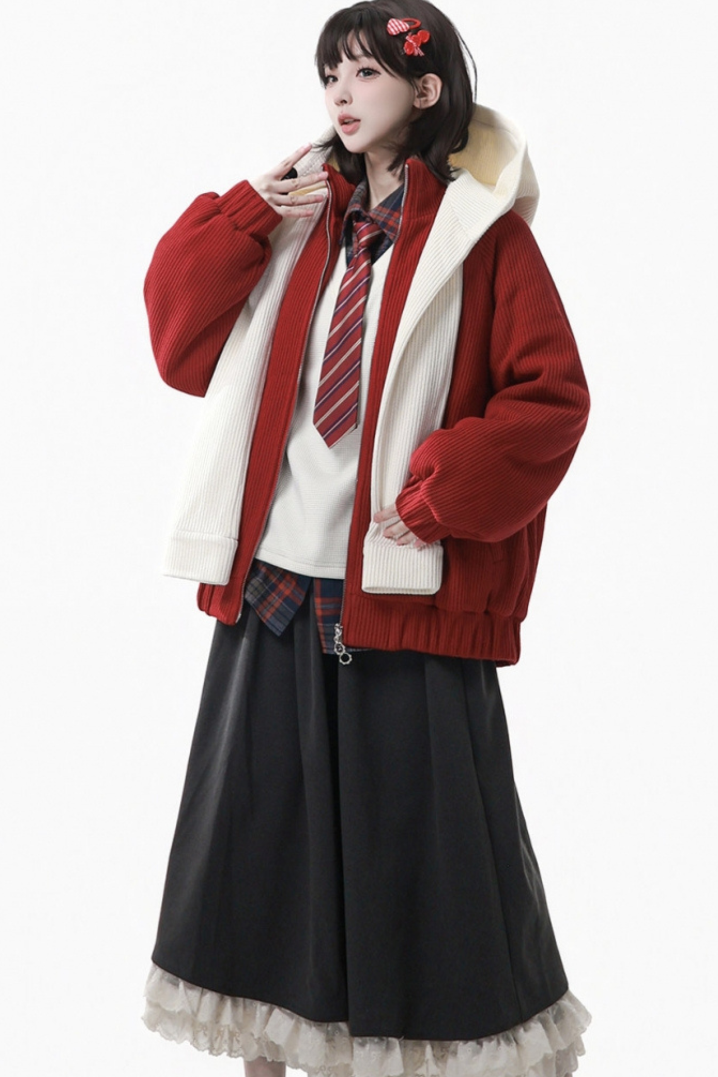 アップルブラックティーフリースコート+フーディー+ロングスカート+ショートスカート+フードマフラー