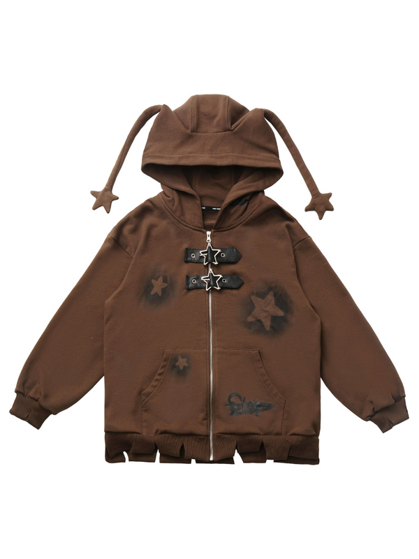 Star American Print Loose Zip Hoodie + Irregular Skirt + Leg Warmers