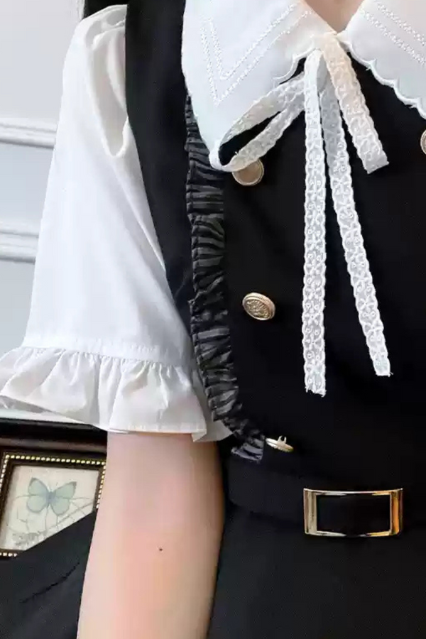 Checked Suspender Skirt + Ribbon Ruffle Shirt