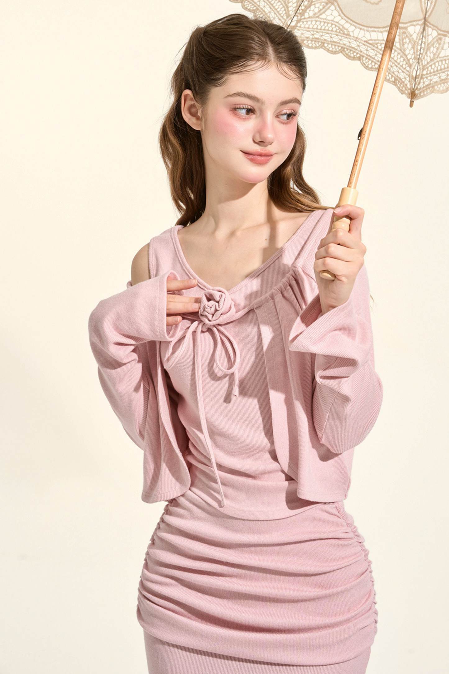 スイートピンクカーディガン+キャミソール+マーメイドスカート