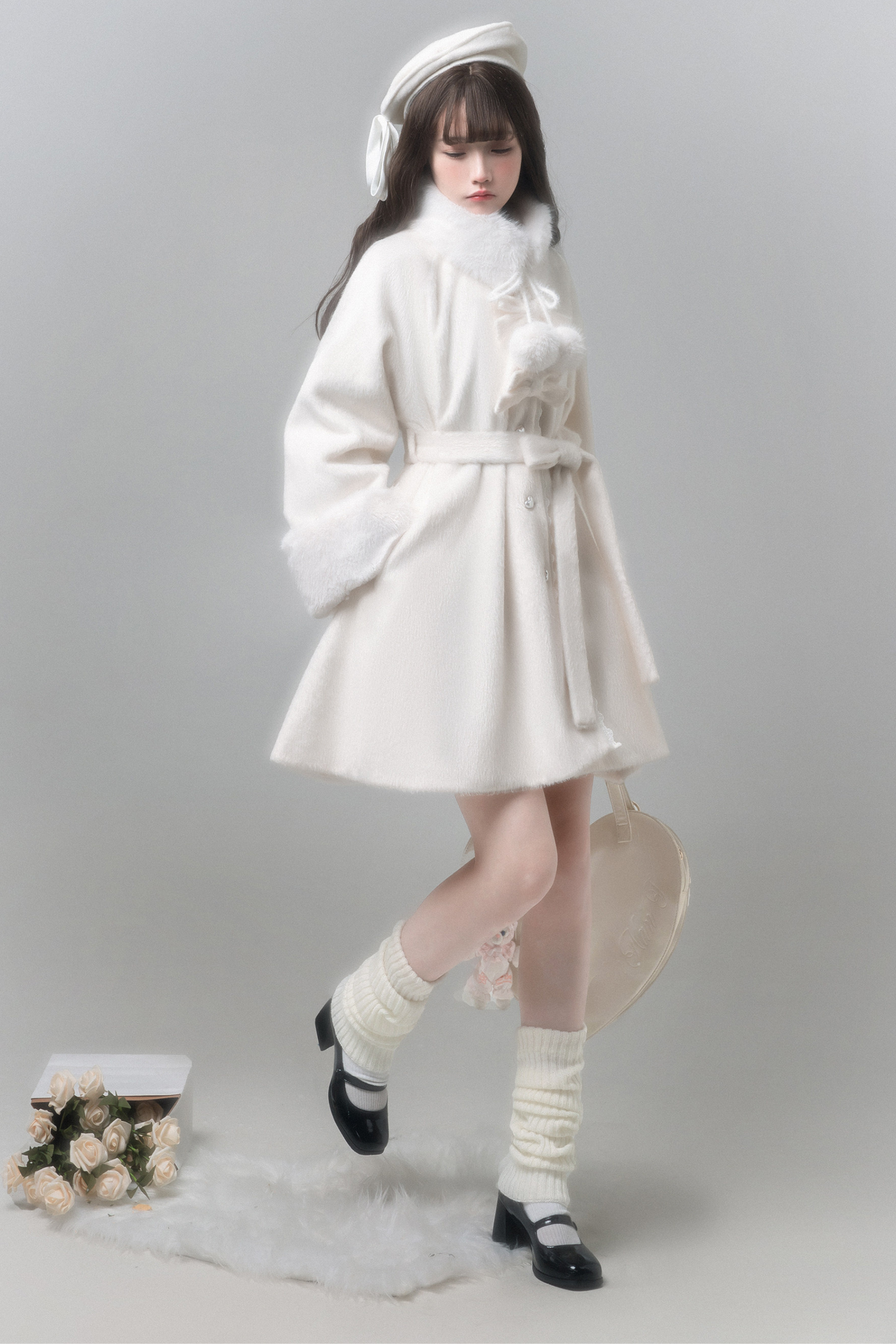 ピュアガーリースタイルコート+シャツ+ファーカラー+スカート