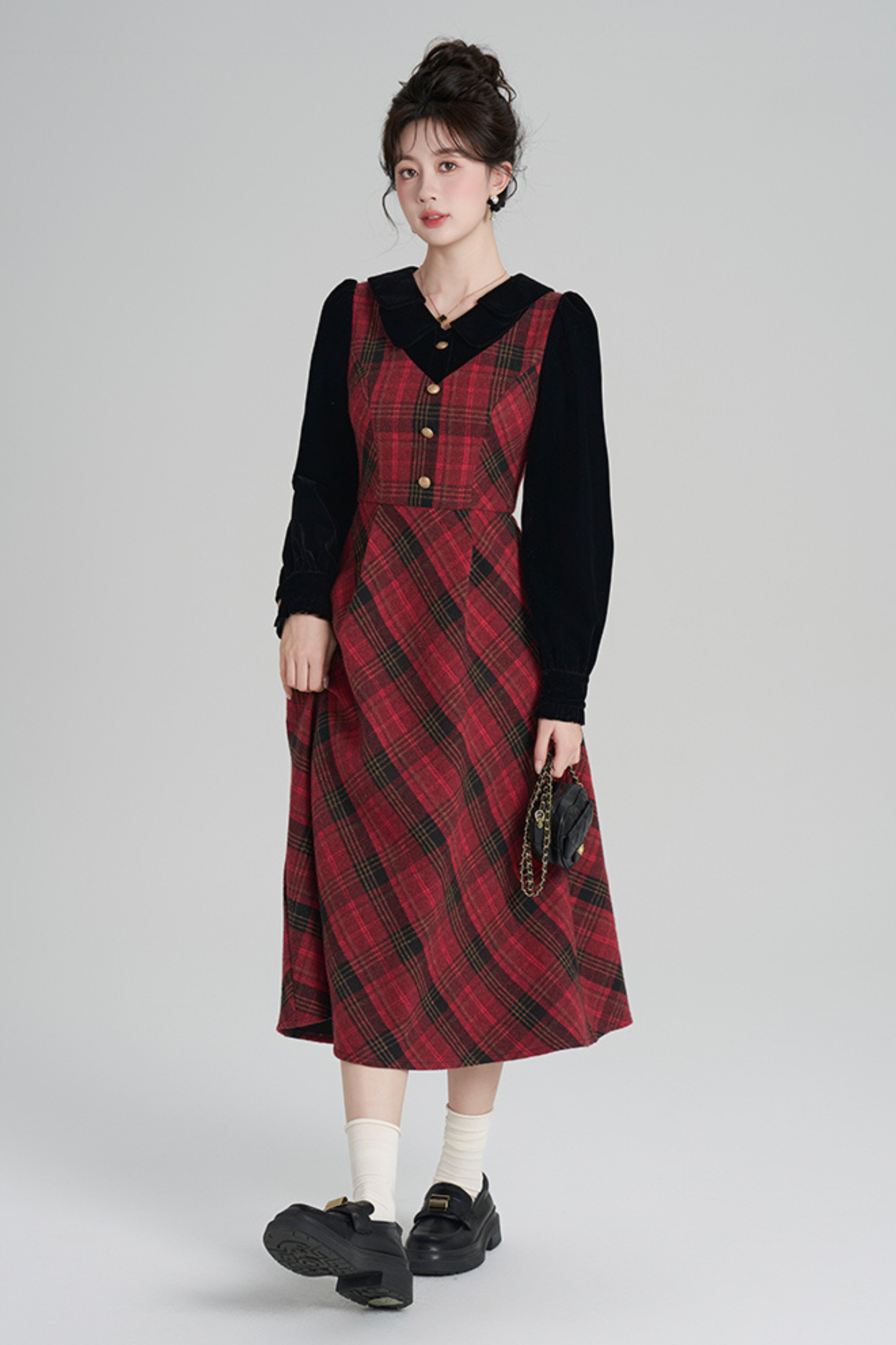 レッドレトロチェックツイードドレス