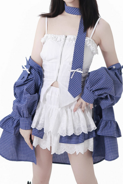 Check Tie Blouse Ursus Camisole + Skirt + Short Top