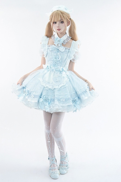 【10月15日予約締切】Pink/Blue Medical Angel Bow Frill Apron Dress Set + Nurse Hat + Nurse Hat