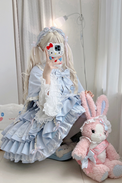 レイヤーフリルスイートプリンセスロリータジャンパースカート+テール+ヘアバンド+ケープ+ボンネット
