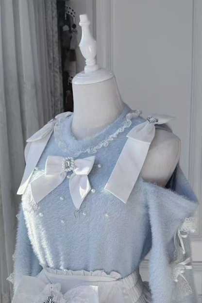 オフショルダーリボンニット+スカート