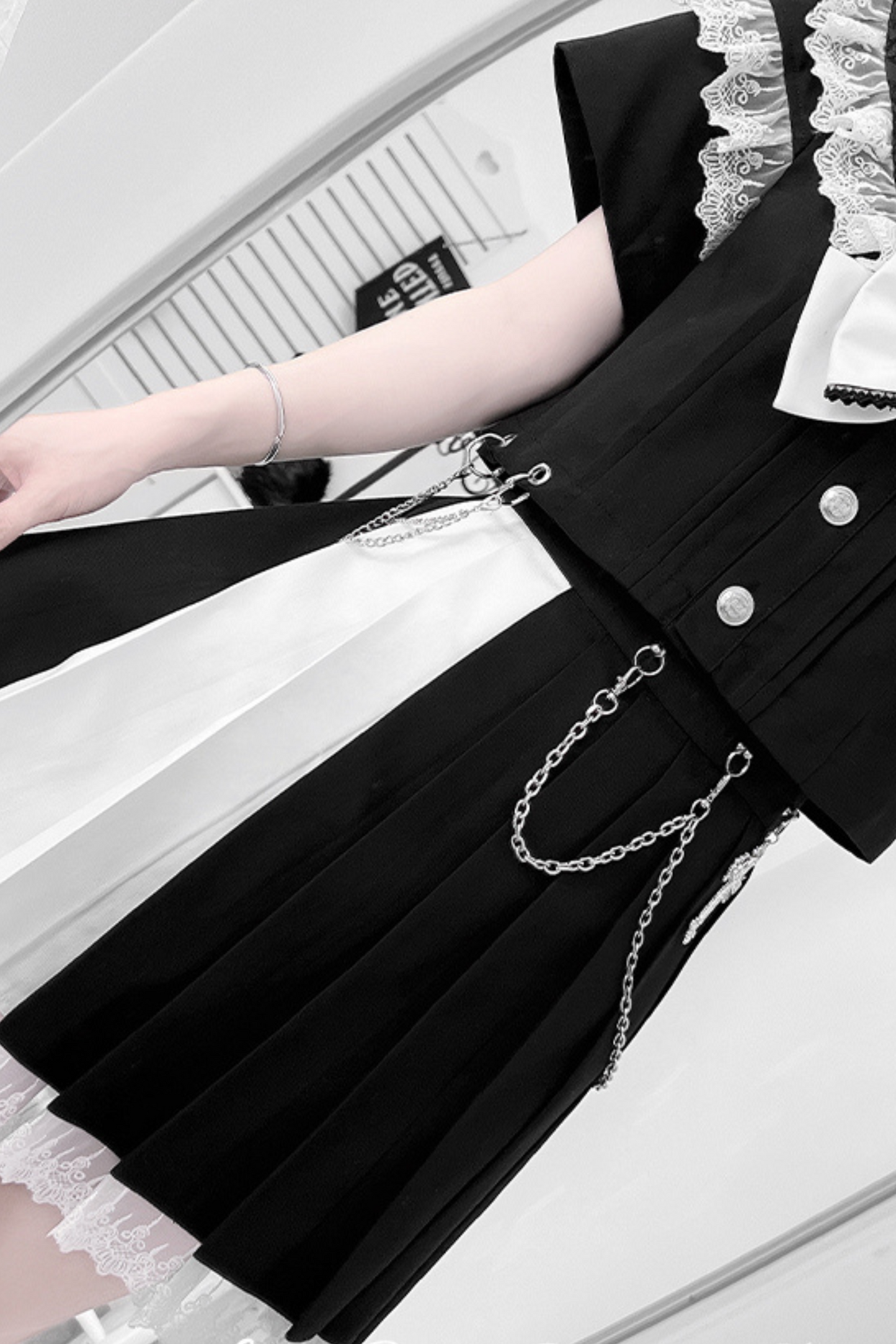 ダークガールカレッジセーラートップス+スカート+リボン+スカートチェーン