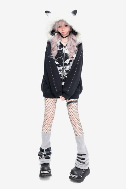 Dark Velvet Fur Cat Hooded Hoodie