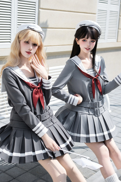 Robe collège plissée à col marin + Ruban + Chapeau