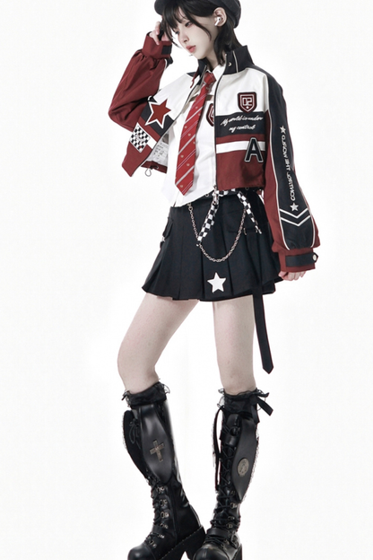 バイカージャケット+ネクタイ付きシャツ+スカート+ベルト